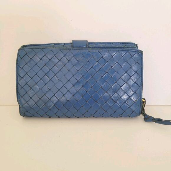 BOTTEGA VENETA Interatiato Woven Leather Bifold Wallet Medium Blue Unisex Soft - Picture 2 of 15
